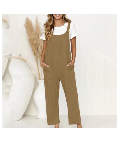 2023 Cotton Linen Womens Round Neck Straps Button Decor Jumpsuits Baggy Bib Overalls Casual Long Romper with Pockets Khaki 3 ...