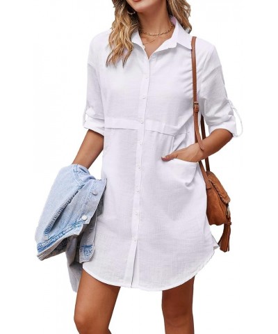 Cotton Button Down Shirt for Women Casual Linen Shirts Roll Up Long Sleeve Mid-Long Blouses Tops with Pockets A White $11.39 ...