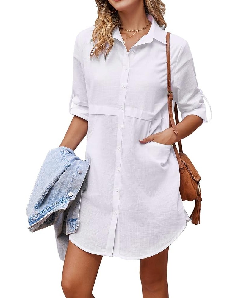 Cotton Button Down Shirt for Women Casual Linen Shirts Roll Up Long Sleeve Mid-Long Blouses Tops with Pockets A White $11.39 ...