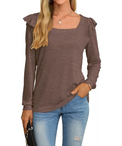 Women Long Sleeve Tunic Tops Casual Loose Shirts Square Neck Ruffle Tops Coffee $14.99 Tops