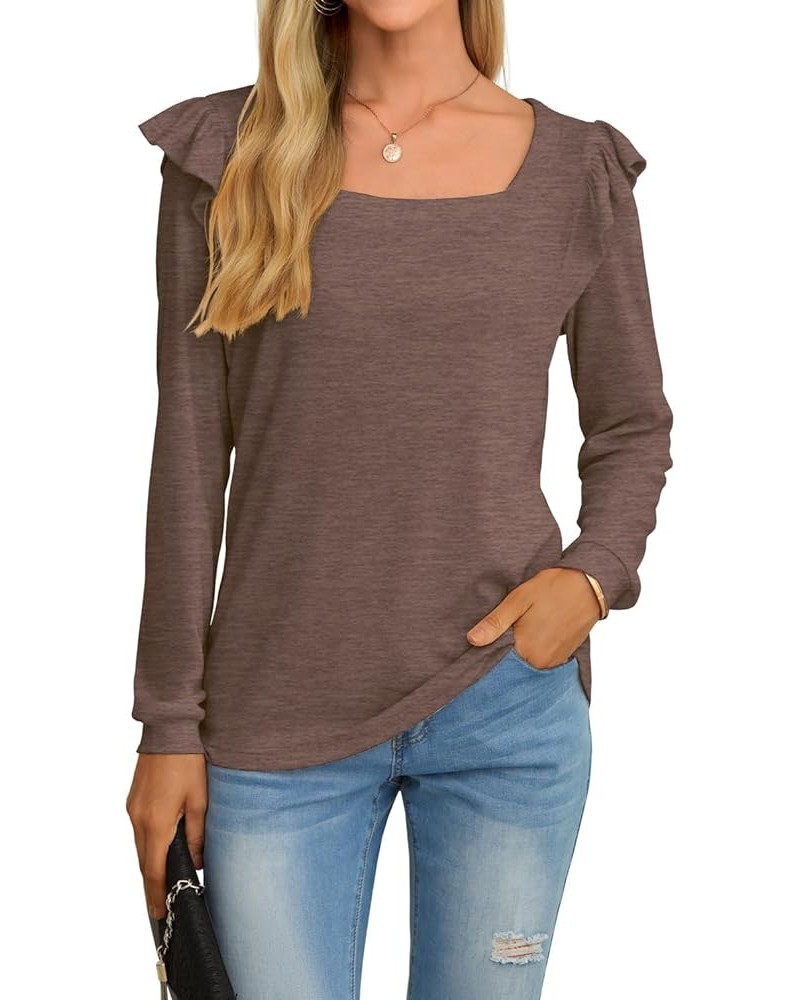 Women Long Sleeve Tunic Tops Casual Loose Shirts Square Neck Ruffle Tops Coffee $14.99 Tops