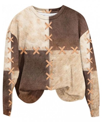 Aztec Retro Style Vintage Western Sweatshirts Cowhide Patchwork Art Printed Tops Long Sleeve Crew Neck Casual Shirts Coffee $...