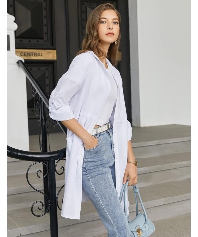 Cotton Button Down Shirt for Women Casual Linen Shirts Roll Up Long Sleeve Mid-Long Blouses Tops with Pockets A White $11.39 ...