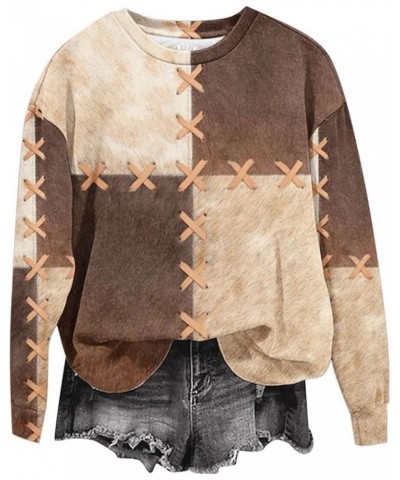 Aztec Retro Style Vintage Western Sweatshirts Cowhide Patchwork Art Printed Tops Long Sleeve Crew Neck Casual Shirts Coffee $...