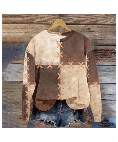 Aztec Retro Style Vintage Western Sweatshirts Cowhide Patchwork Art Printed Tops Long Sleeve Crew Neck Casual Shirts Coffee $...