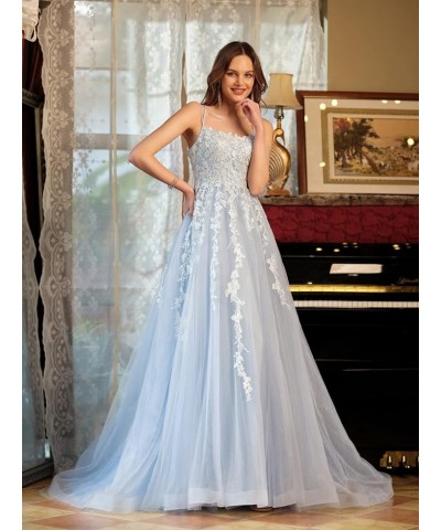 Elegant Lace Prom Dresses Long Spaghetti Straps Corset Formal Evening Dress for Women Ball Gown Party RO046 Ice Blue $31.50 D...