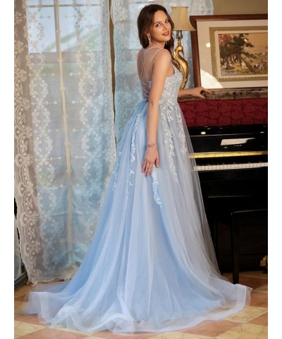 Elegant Lace Prom Dresses Long Spaghetti Straps Corset Formal Evening Dress for Women Ball Gown Party RO046 Ice Blue $31.50 D...