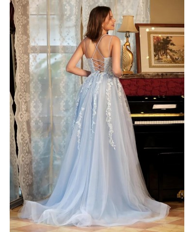 Elegant Lace Prom Dresses Long Spaghetti Straps Corset Formal Evening Dress for Women Ball Gown Party RO046 Ice Blue $31.50 D...