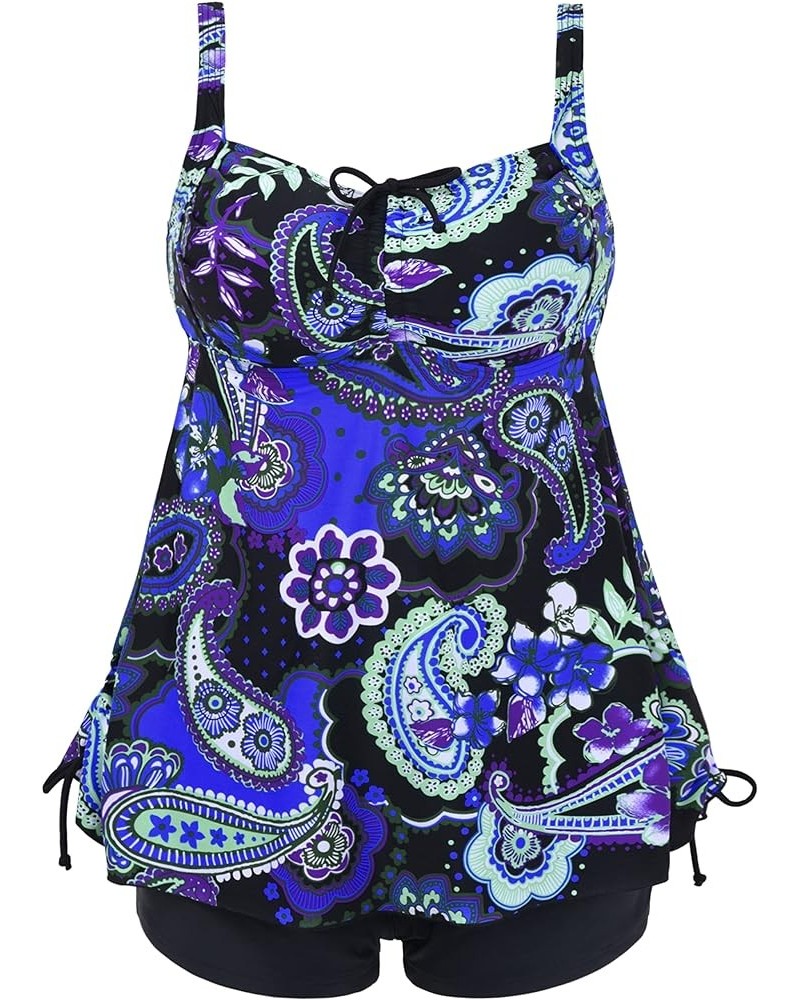 Women Plus Size Bathing Suits Paisley Print Two Piece Swimsuit Tankini Swimwear Royal Blue $17.63 Swimsuits