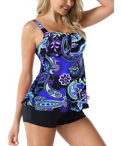 Women Plus Size Bathing Suits Paisley Print Two Piece Swimsuit Tankini Swimwear Royal Blue $17.63 Swimsuits