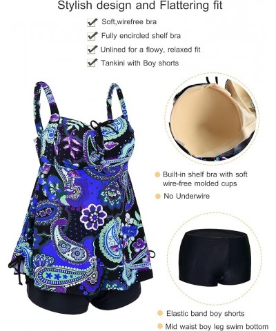 Women Plus Size Bathing Suits Paisley Print Two Piece Swimsuit Tankini Swimwear Royal Blue $17.63 Swimsuits