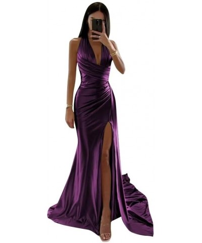 Halter Satin Bridesmaid Dresses Long with Slit Ruched Mermaid Prom Dress Formal Gown Plum $36.80 Dresses