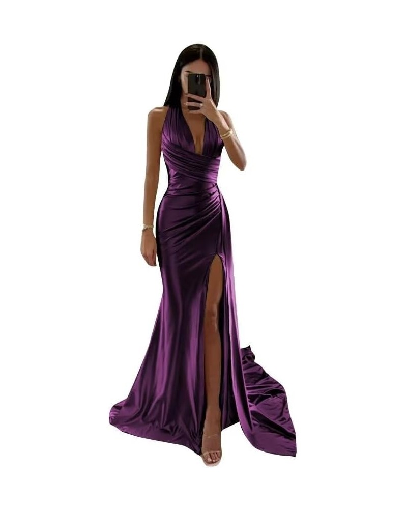 Halter Satin Bridesmaid Dresses Long with Slit Ruched Mermaid Prom Dress Formal Gown Plum $36.80 Dresses