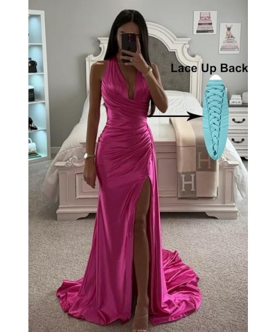 Halter Satin Bridesmaid Dresses Long with Slit Ruched Mermaid Prom Dress Formal Gown Plum $36.80 Dresses