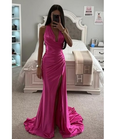 Halter Satin Bridesmaid Dresses Long with Slit Ruched Mermaid Prom Dress Formal Gown Plum $36.80 Dresses