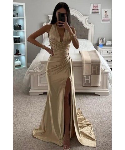 Halter Satin Bridesmaid Dresses Long with Slit Ruched Mermaid Prom Dress Formal Gown Plum $36.80 Dresses