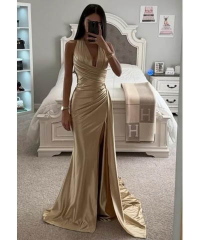 Halter Satin Bridesmaid Dresses Long with Slit Ruched Mermaid Prom Dress Formal Gown Plum $36.80 Dresses