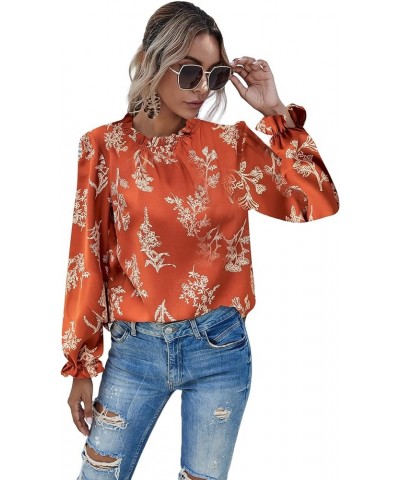 Women's Floral Print Flounce Long Sleeve Mock Neck Work Blouses Tops Black L Orange $11.25 Blouses