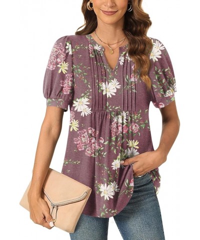 Womens Summer Dressy Casual Blouse Puff Short Sleeve Tunic Tops Pleated T-Shirts for Work Pleated Floral Wine $13.99 Tops