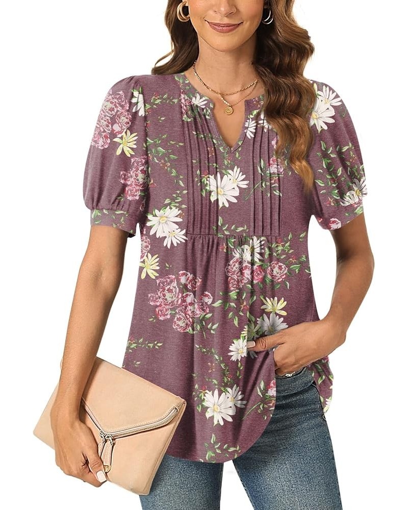 Womens Summer Dressy Casual Blouse Puff Short Sleeve Tunic Tops Pleated T-Shirts for Work Pleated Floral Wine $13.99 Tops