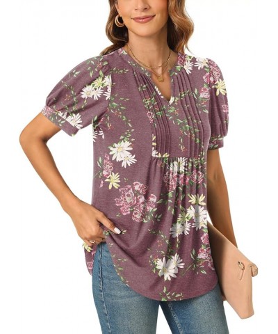 Womens Summer Dressy Casual Blouse Puff Short Sleeve Tunic Tops Pleated T-Shirts for Work Pleated Floral Wine $13.99 Tops