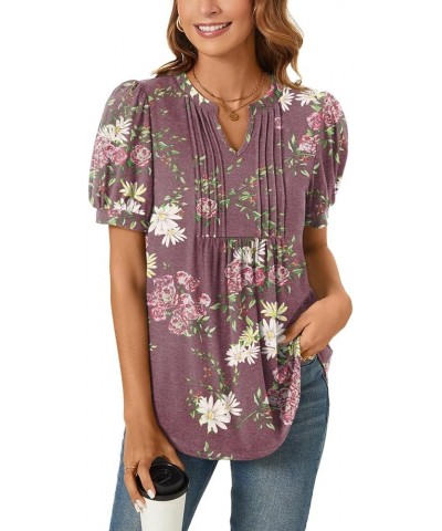 Womens Summer Dressy Casual Blouse Puff Short Sleeve Tunic Tops Pleated T-Shirts for Work Pleated Floral Wine $13.99 Tops