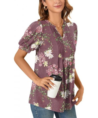 Womens Summer Dressy Casual Blouse Puff Short Sleeve Tunic Tops Pleated T-Shirts for Work Pleated Floral Wine $13.99 Tops