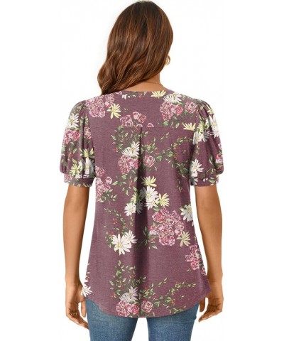 Womens Summer Dressy Casual Blouse Puff Short Sleeve Tunic Tops Pleated T-Shirts for Work Pleated Floral Wine $13.99 Tops