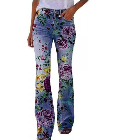 Bell Bottom Jeans for Women 2023 Flared Wide Leg Denim Print Casual Pants Flower Print Faux Denim Jeans Z09purple Lightning D...