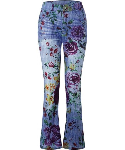 Bell Bottom Jeans for Women 2023 Flared Wide Leg Denim Print Casual Pants Flower Print Faux Denim Jeans Z09purple Lightning D...