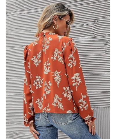 Women's Floral Print Flounce Long Sleeve Mock Neck Work Blouses Tops Black L Orange $11.25 Blouses