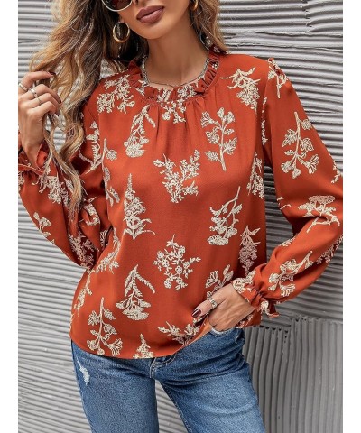 Women's Floral Print Flounce Long Sleeve Mock Neck Work Blouses Tops Black L Orange $11.25 Blouses