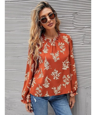 Women's Floral Print Flounce Long Sleeve Mock Neck Work Blouses Tops Black L Orange $11.25 Blouses