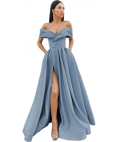 Women's Off Shoulder Prom Dresses Long Split Ruched Satin Formal Evening Dress with Pockets Dusty Blue $33.79 Dresses