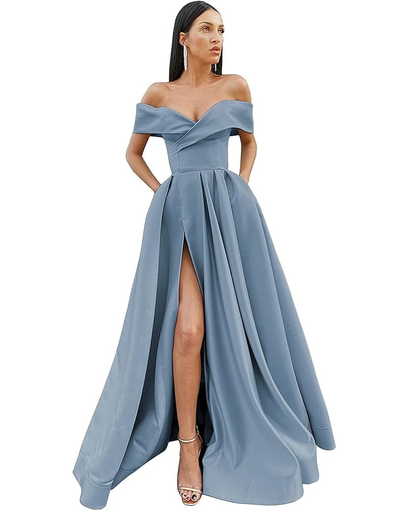 Women's Off Shoulder Prom Dresses Long Split Ruched Satin Formal Evening Dress with Pockets Dusty Blue $33.79 Dresses