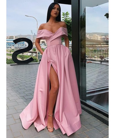 Women's Off Shoulder Prom Dresses Long Split Ruched Satin Formal Evening Dress with Pockets Dusty Blue $33.79 Dresses