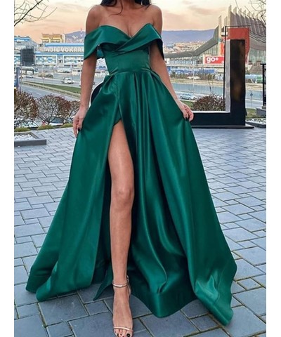 Women's Off Shoulder Prom Dresses Long Split Ruched Satin Formal Evening Dress with Pockets Dusty Blue $33.79 Dresses