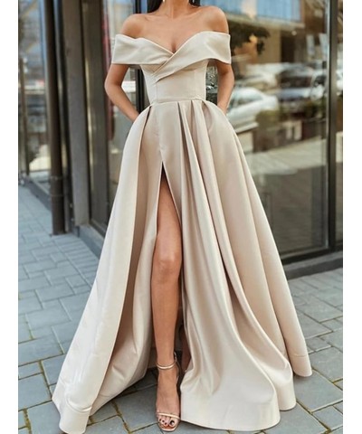 Women's Off Shoulder Prom Dresses Long Split Ruched Satin Formal Evening Dress with Pockets Dusty Blue $33.79 Dresses