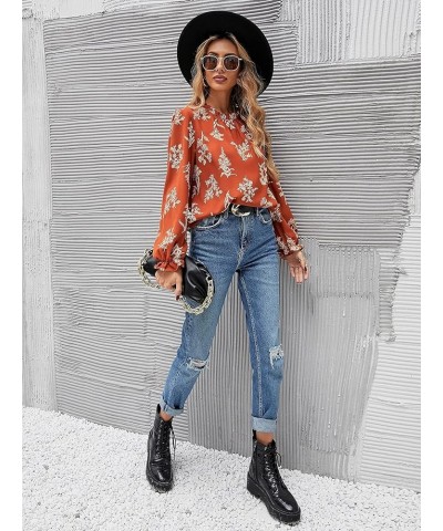 Women's Floral Print Flounce Long Sleeve Mock Neck Work Blouses Tops Black L Orange $11.25 Blouses