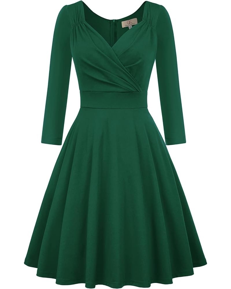 3/4 Sleeve Flared Wrap V-Neck Swing Dress Cocktail Wedding Guest Party Dress for Women Dark Green $28.08 Dresses