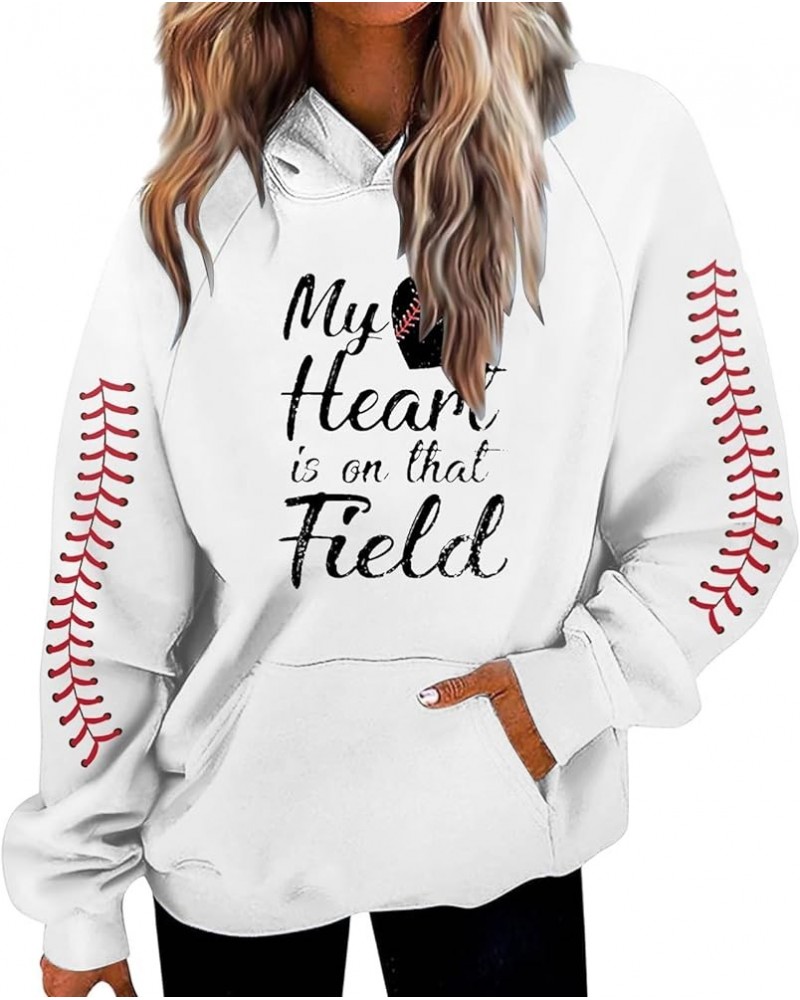 Loose Fit Baseball Game Day Casual Hoodies Aesthetic My Heart Is On That Field Hoodies Women Athletic Trending Cutes White $1...