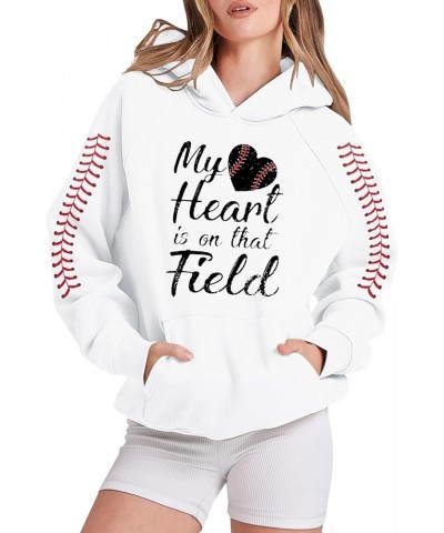 Loose Fit Baseball Game Day Casual Hoodies Aesthetic My Heart Is On That Field Hoodies Women Athletic Trending Cutes White $1...