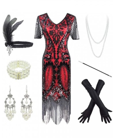 Stone 1920S Mermaid Flapper Gown Party Evening Dress With 20S Accessories Set Style Paisley Black Red $24.56 Sets