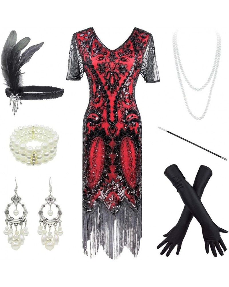 Stone 1920S Mermaid Flapper Gown Party Evening Dress With 20S Accessories Set Style Paisley Black Red $24.56 Sets