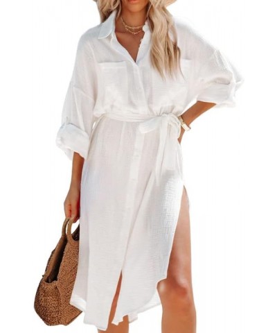 Womens 2023 Button Down Long Sleeve Side Split Beach Cover Ups Shirt Dress with Pockets White $9.38 Swimsuits