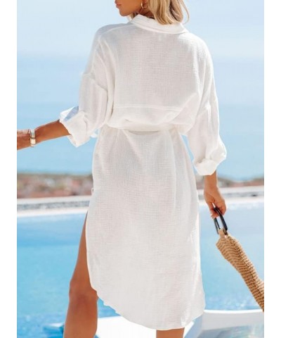 Womens 2023 Button Down Long Sleeve Side Split Beach Cover Ups Shirt Dress with Pockets White $9.38 Swimsuits