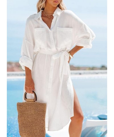 Womens 2023 Button Down Long Sleeve Side Split Beach Cover Ups Shirt Dress with Pockets White $9.38 Swimsuits