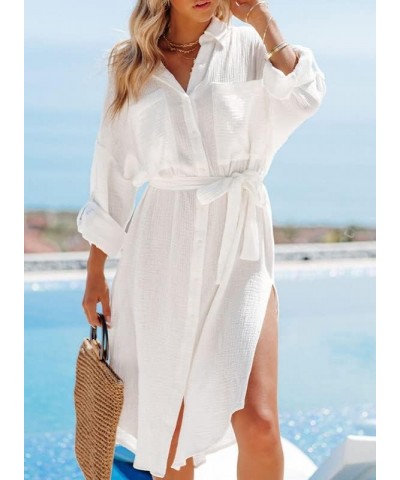 Womens 2023 Button Down Long Sleeve Side Split Beach Cover Ups Shirt Dress with Pockets White $9.38 Swimsuits