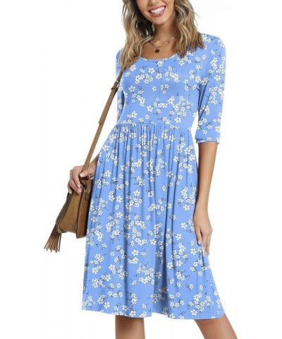 Women's 3/4 Sleeve 2024 Casual High Waist Round Neck Midi Dress with Pockets Light Blue and White $14.40 Dresses