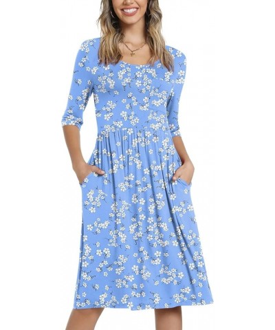 Women's 3/4 Sleeve 2024 Casual High Waist Round Neck Midi Dress with Pockets Light Blue and White $14.40 Dresses